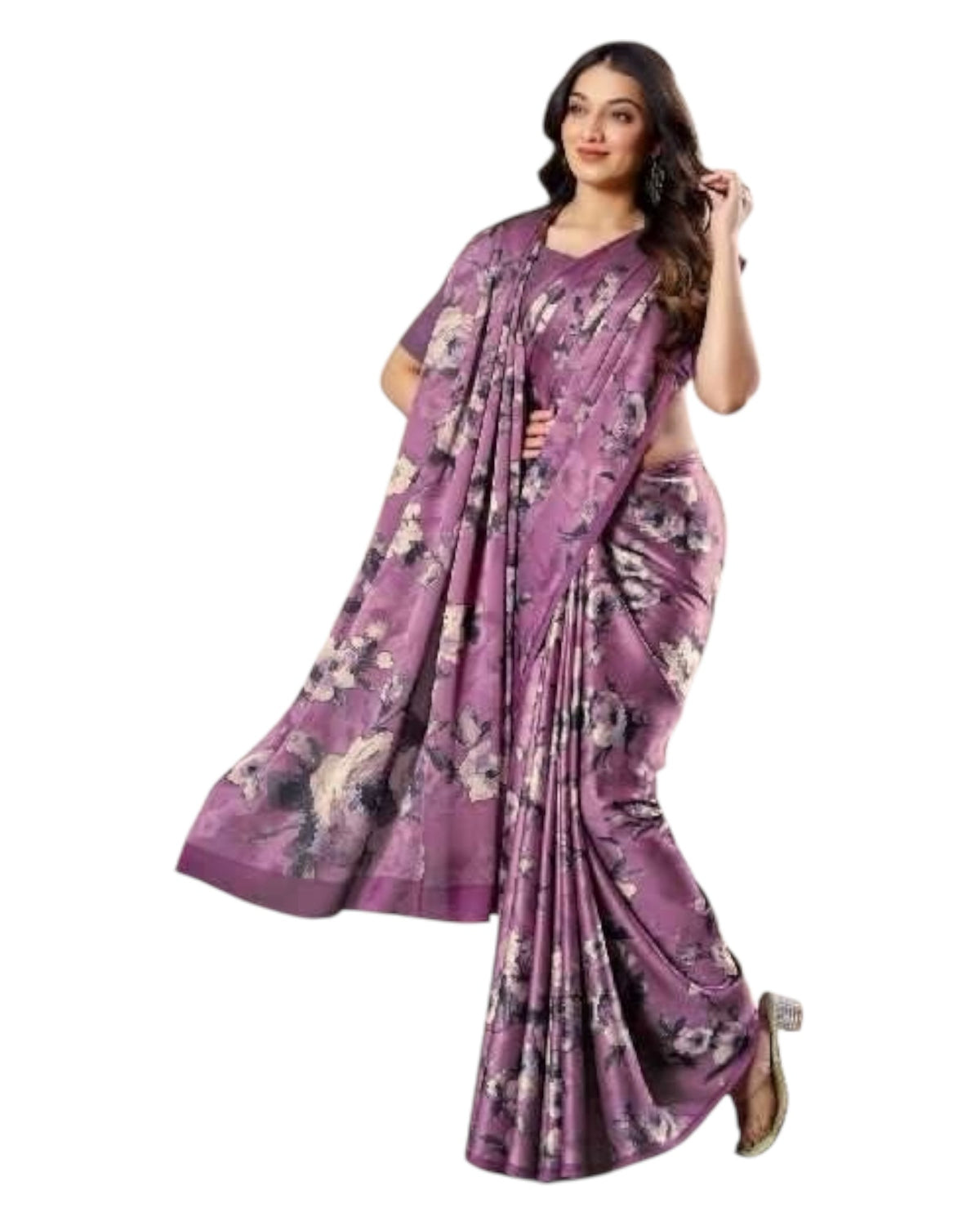 Dark Pink - Floral Printed - Satin Finish Saree with Blouse Piece - SUSFEL19001A 10KJ25 - Prachy Creations