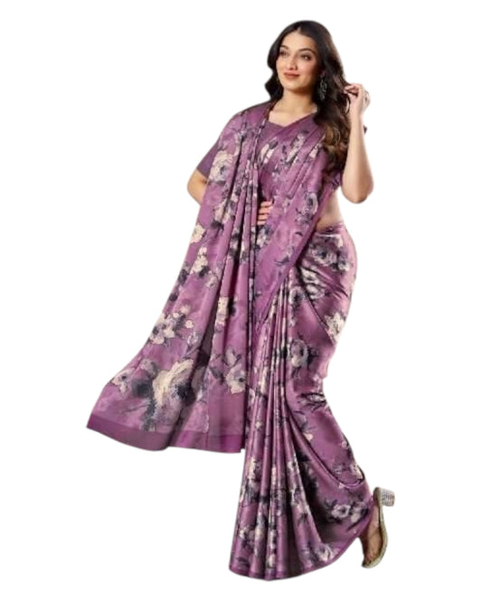 Dark Pink - Floral Printed - Satin Finish Saree with Blouse Piece - SUSFEL19001A 10KJ25 - Prachy Creations