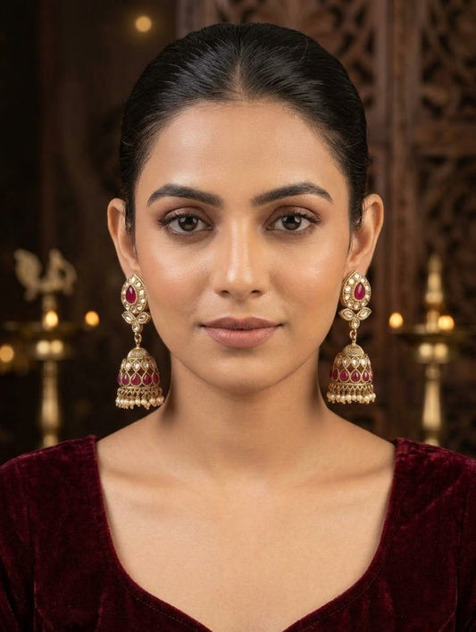 Dark Pink / Magenta - Royal Teardrop Kundan & Pearl Jhumka Earrings - 6JE06 10Pp26 - Prachy Creations