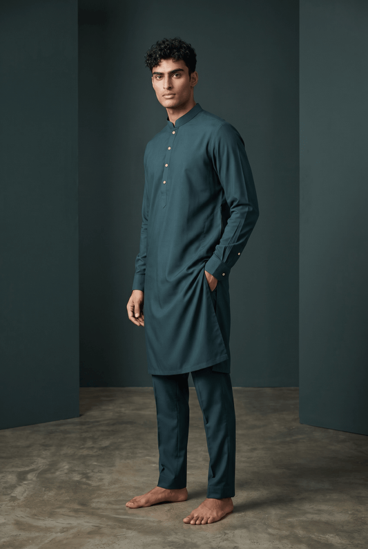 Dark Teal / Rama - Plain Silky Mens Indian Kurta set with Trousers - UK Stock - Weddings / Walimas , Sangeet, Diwali, Eid, Mehndi / Henna - EM66 05KJ26 - Prachy Creations