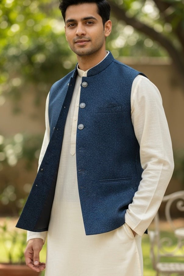 Dark Teal - Self Brocade - Premium Suede Feel Mens Indian Waistcoat - UK Stock - 24 hr Dispatch - VNS-JKT697/31 10KP25 - Prachy Creations