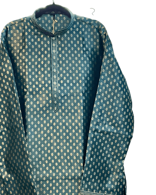 Dark Turquoise Blue - Men’s Embroidered Jacquard Kurta Set with Trousers - UK Stock - Weddings / Walimas , Sangeet, Diwali, Eid, Mehndi / Henna - VEE3130 VY - Prachy Creations