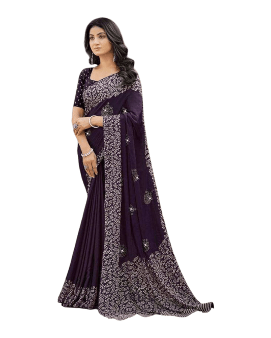 Dark Wine - Chiffon Printed Saree with Blouse Piece - UK stock - 24hr Dispatch - LTF105 07KT26 - Prachy Creations