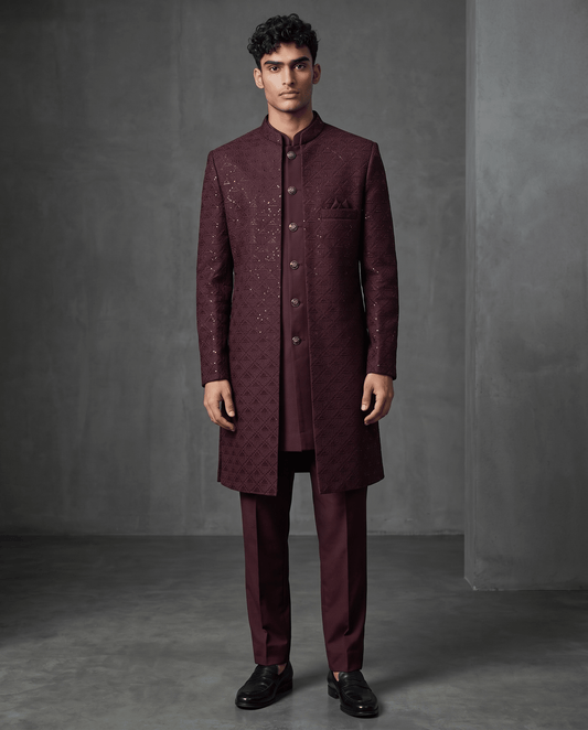 Dark Wine / Maroon - Mens Double Layered Sherwani / Indo-Western - Fantastic Value - KCS6625 06TT26 - Prachy Creations