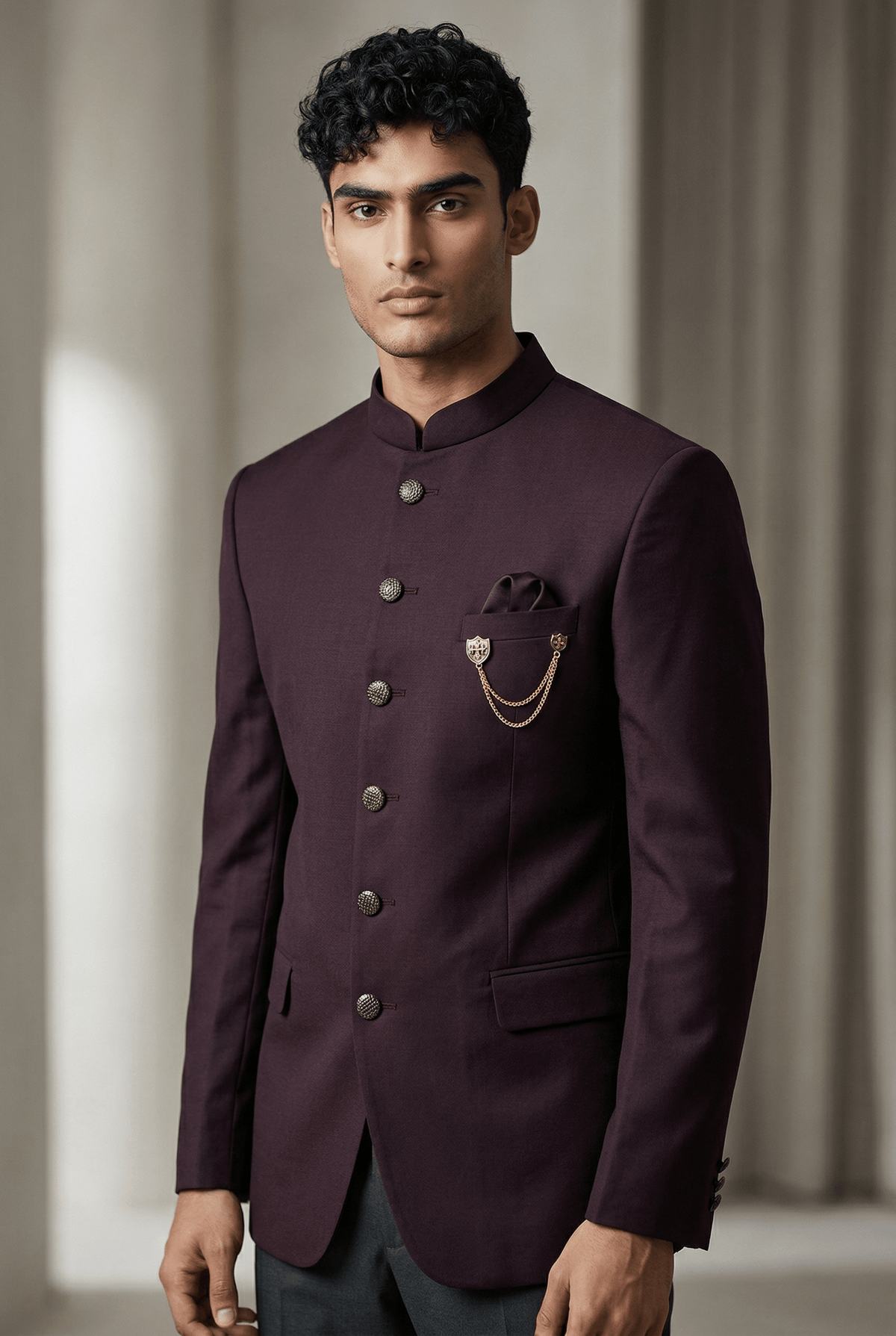 Dark Wine - PREMIUM Slim Fit Mens Self Brocade BandhGala / Prince / Chinese Collar Jacket - Fantastic Fit - Prachy Creations