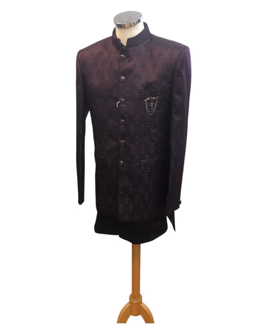 Dark Wine - PREMIUM Slim Fit Mens Self Brocade BandhGala / Prince / Chinese Collar Jacket with Long Waistcoat - Fantastic Fit - CS2505 01PY25 - Prachy Creations
