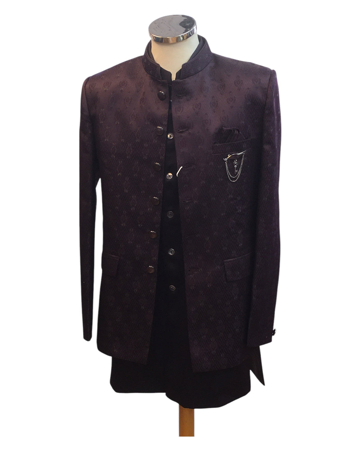Dark Wine - PREMIUM Slim Fit Mens Self Brocade BandhGala / Prince / Chinese Collar Jacket with Long Waistcoat - Fantastic Fit - CS2505 01PY25 - Prachy Creations