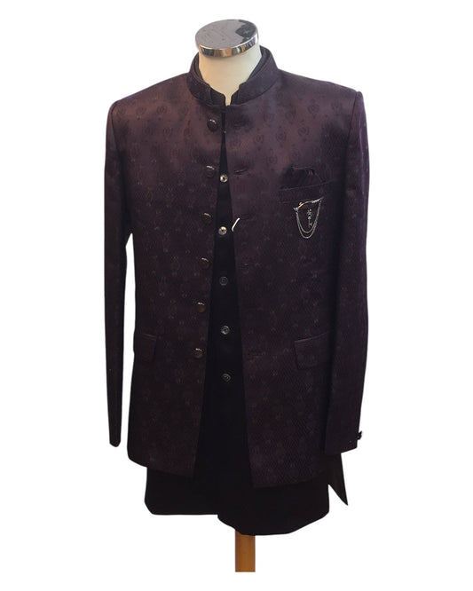Dark Wine - PREMIUM Slim Fit Mens Self Brocade BandhGala / Prince / Chinese Collar Jacket with Long Waistcoat - Fantastic Fit - CS2505 01PY25 - Prachy Creations