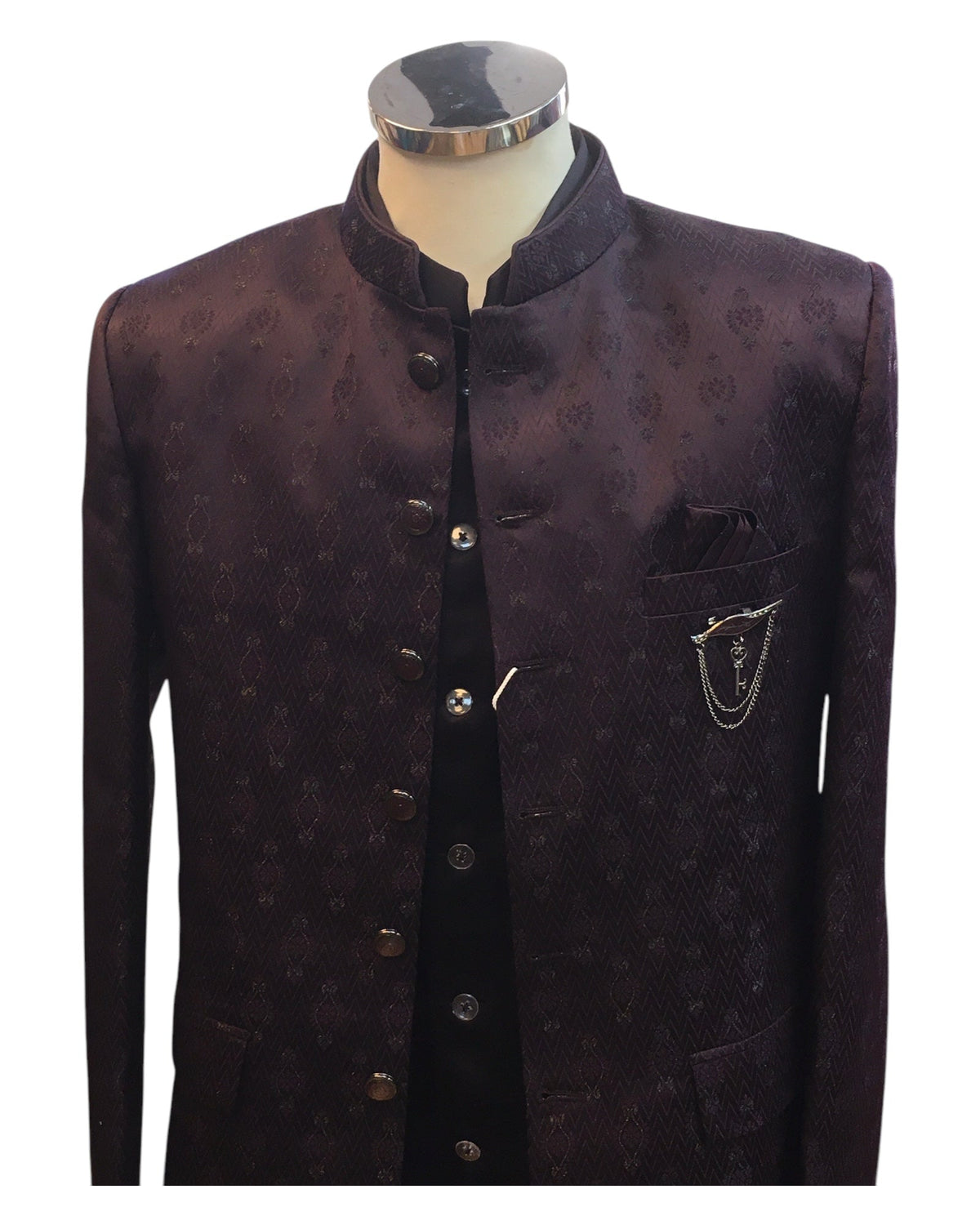 Dark Wine - PREMIUM Slim Fit Mens Self Brocade BandhGala / Prince / Chinese Collar Jacket with Long Waistcoat - Fantastic Fit - CS2505 01PY25 - Prachy Creations