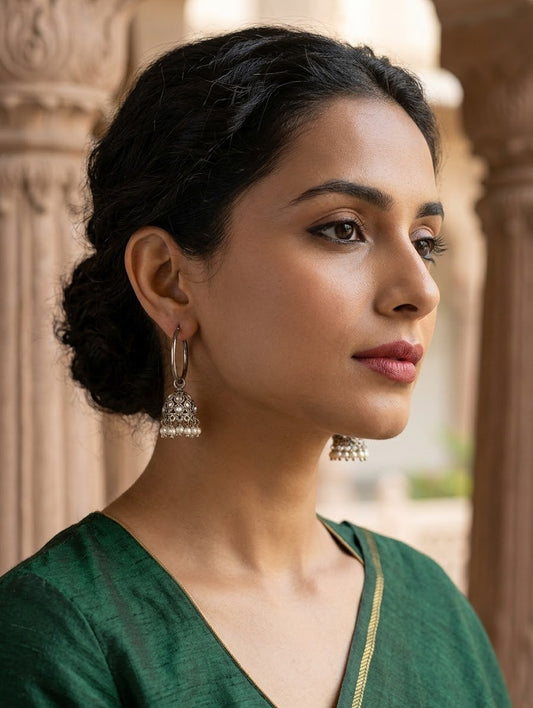 Delicate Kundan & Pearl Hoop Jhumka Earrings - 15BE36 09T26 - Prachy Creations