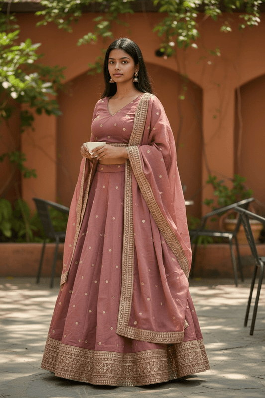 Dusty Pink - Dupion Silk Lehenga Set - Size UK 12 (38" Bust) Adjustable to Size 14 - UK Stock - 24h Dispatch - AF2507 09TA25 - Prachy Creations