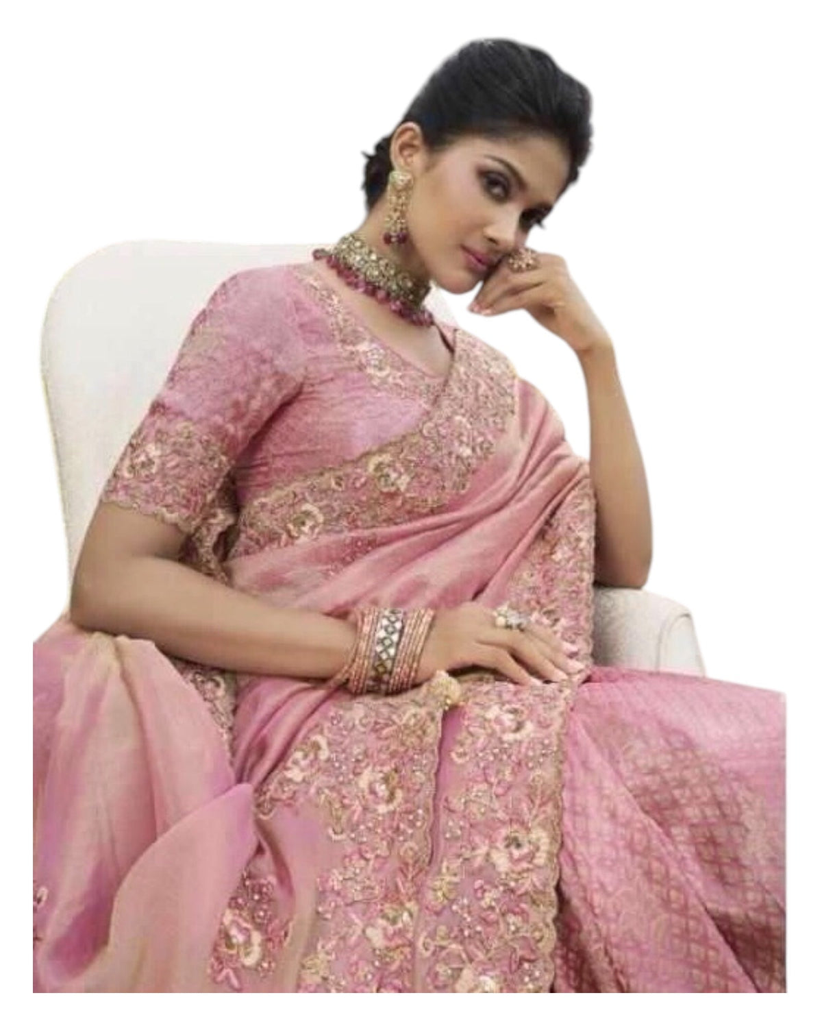 Dusty Pink- Handloom - Designer Embroidered Saree with Blouse Piece - SULBRI4008 PY 0425 - Prachy Creations