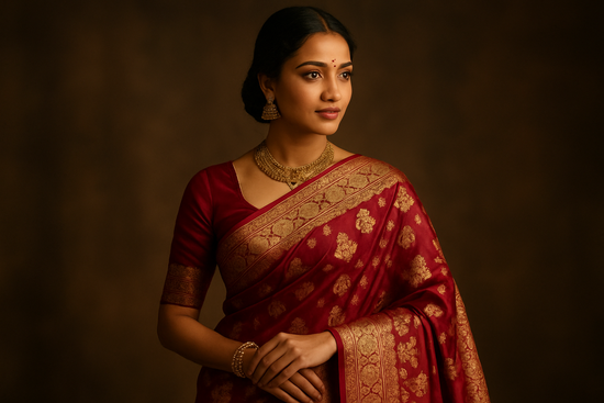 Elegant Indian woman wearing a vibrant silk saree with golden embroidery, standing gracefully with soft background blur, high-quality realistic style