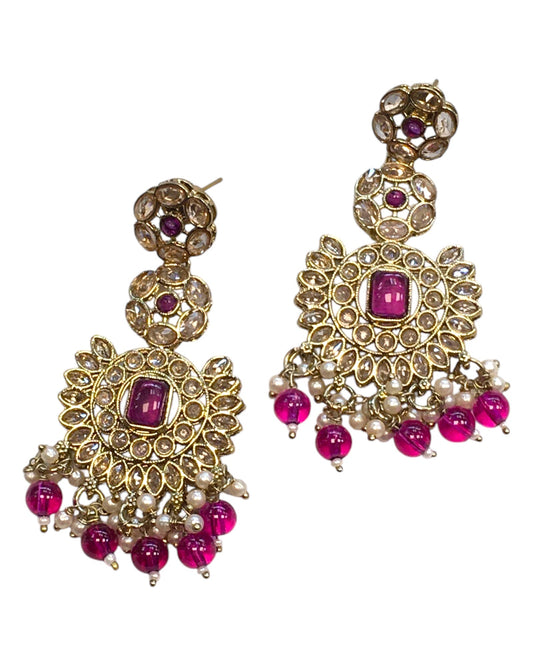 Fuchsia - Large - Antique Gold Finish Traditional Earrings - Bollywood - Weddings - PRI1773 11Tp24 - Prachy Creations