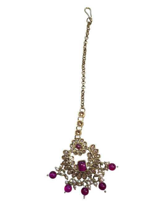 Fuchsia - Large - Antique Gold Finish Traditional Tika Head piece - Bollywood - Weddings - PRI1773 11V24 - Prachy Creations