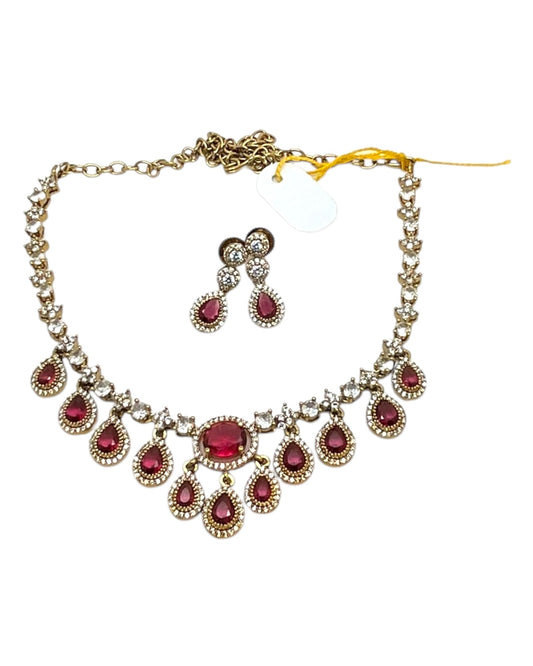 Fuchsia / Magenta / Dark Pink - Small - Antique Gold Finish Necklace Set with Earrings & - AE2521 08KK25 - Prachy Creations