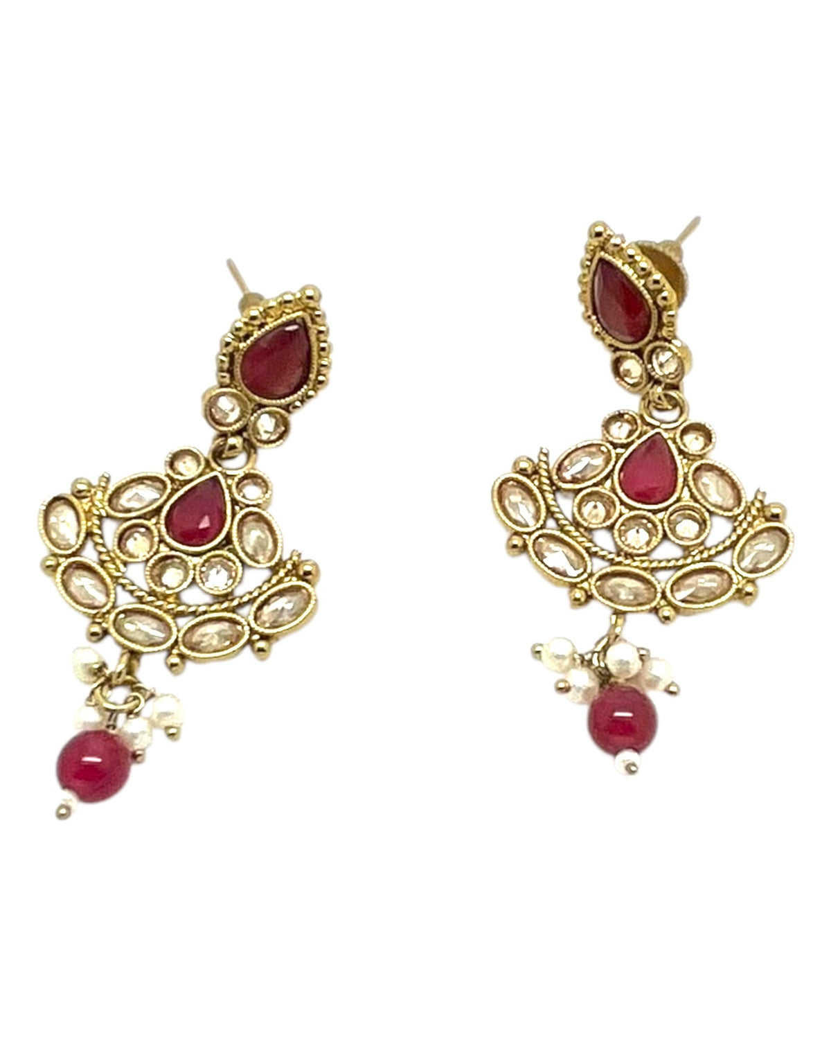 Fuchsia / Magenta / Dark Pink - Small Size Antique Gold Finish Necklace Set with Earrings - Bollywood - AE2518 08A25 - Prachy Creations