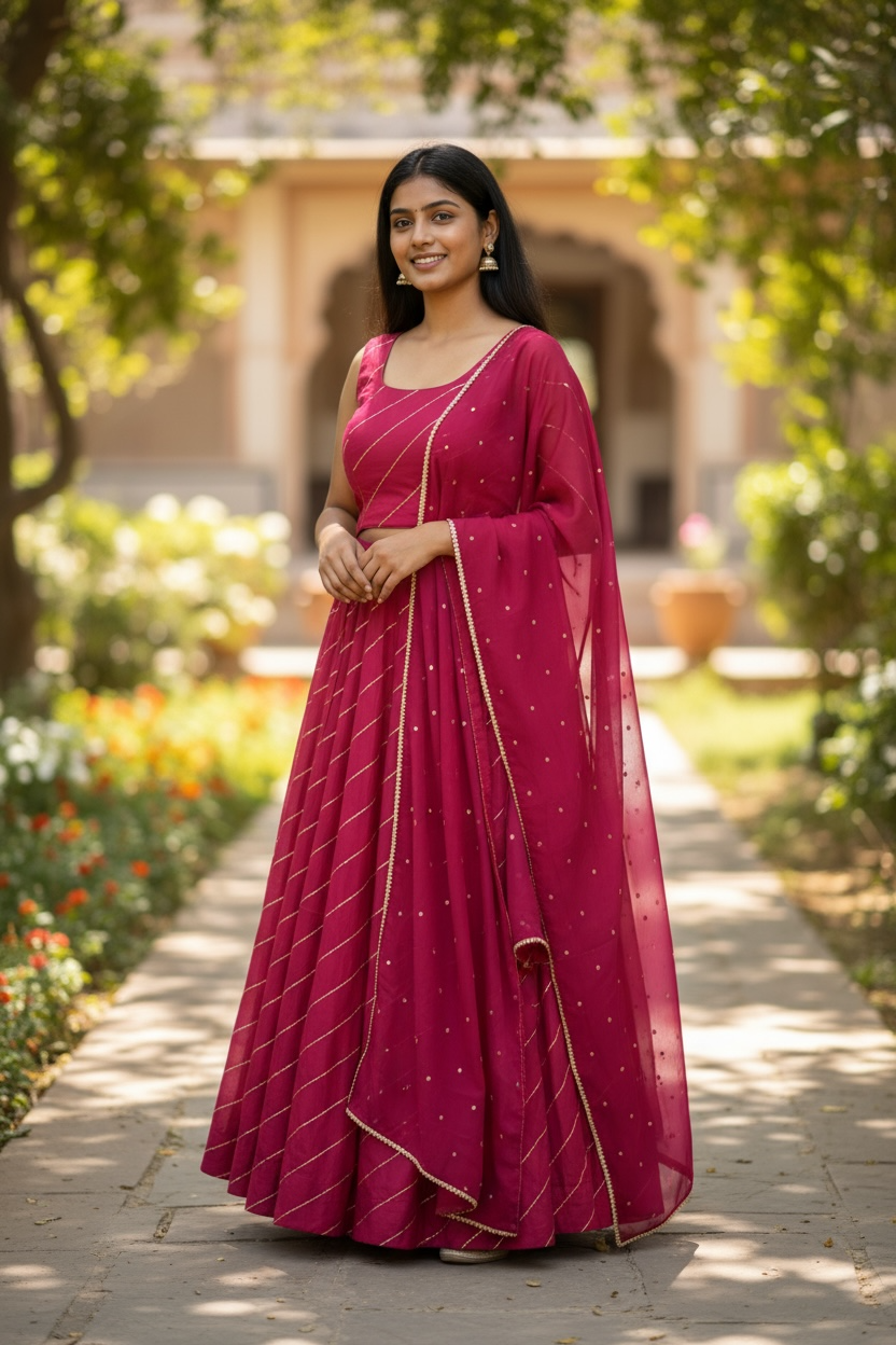 Fuchsia / Magenta - Dupion Silk Lehenga Set - Garba / Dandia , Mehndi / Sangeet / Weddings - Size UK 12 (38" Bust) Adjustable to Size 14 - UK Stock - 24h Dispatch - AF2506 09TY25 - Prachy Creations