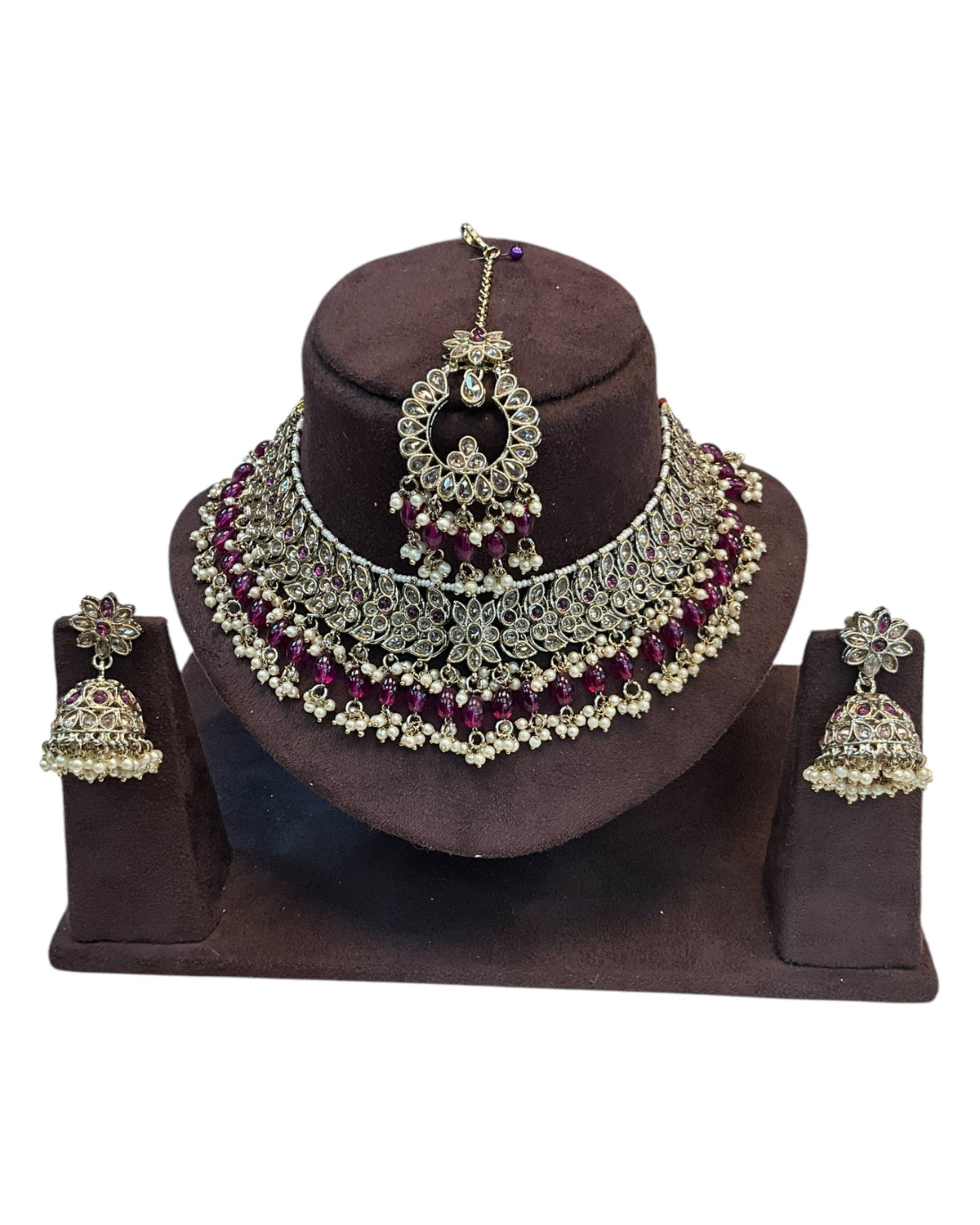 Fuchsia / Magenta - Large Size Antique Gold Finish Necklace Set with Earrings & Tika Head piece - GGA07 KT 0525 - Prachy Creations