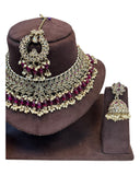 Fuchsia / Magenta - Large Size Antique Gold Finish Necklace Set with Earrings & Tika Head piece - GGA07 KT 0525 - Prachy Creations
