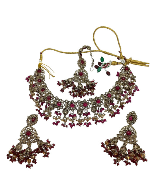 Fuchsia / Magenta Pink - Large Size Antique Gold Finish Necklace Set with Earrings & Head Piece - Bollywood - AE2513 08KK25 - Prachy Creations