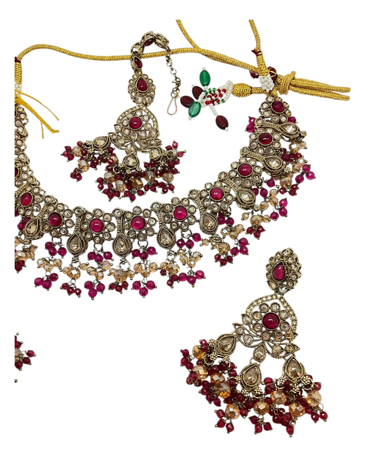 Fuchsia / Magenta Pink - Large Size Antique Gold Finish Necklace Set with Earrings & Head Piece - Bollywood - AE2513 08KK25 - Prachy Creations