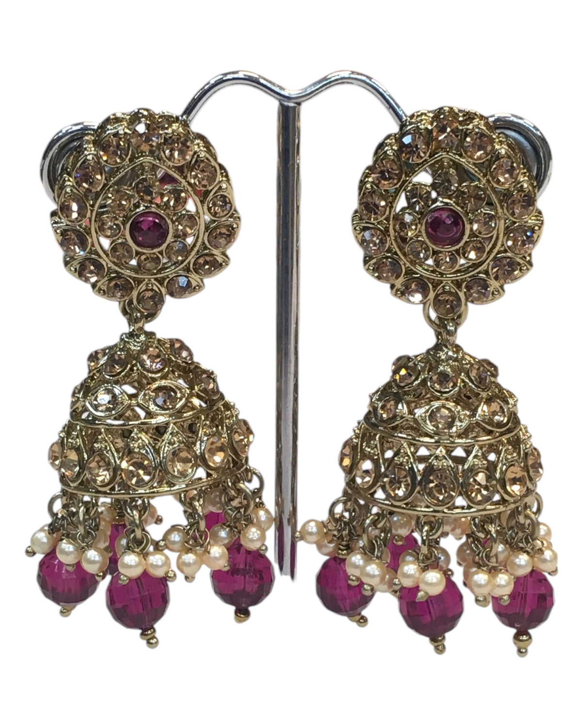 Fuchsia Magenta Pink - Large Size Antique Gold Finish Necklace Set with Earrings - JIG49 11H24 - Prachy Creations