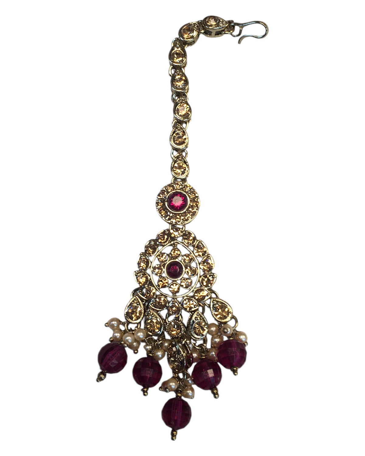 Fuchsia Magenta Pink - Large Size Antique Gold Finish Necklace Set with Earrings - JIG49 11H24 - Prachy Creations