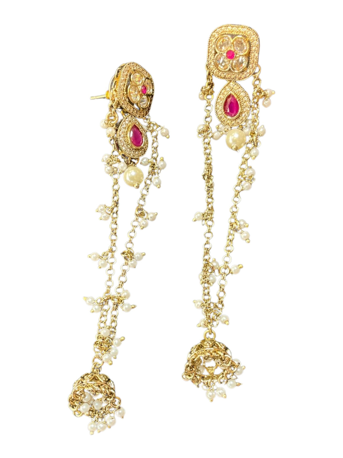 Fuchsia Magenta Pink - Medium - Antique Gold Finish Traditional Earrings - Bollywood - Weddings - 15JE62 07R26 - Prachy Creations
