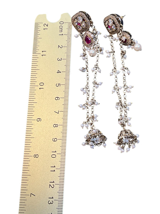 Fuchsia Magenta Pink - Medium - Antique Gold Finish Traditional Earrings - Bollywood - Weddings - 15JE62 07R26 - Prachy Creations