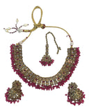 Fuchsia Magenta Pink - Medium Size Antique Gold Finish Necklace Set with Earrings - PRI1786 11H24 - Prachy Creations