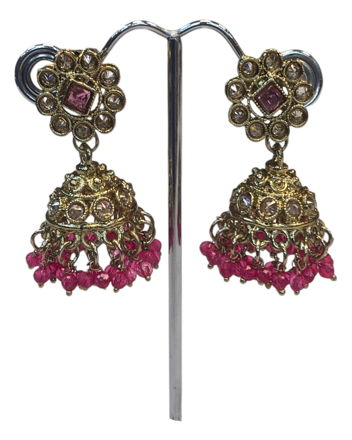 Fuchsia Magenta Pink - Medium Size Antique Gold Finish Necklace Set with Earrings - PRI1786 11H24 - Prachy Creations