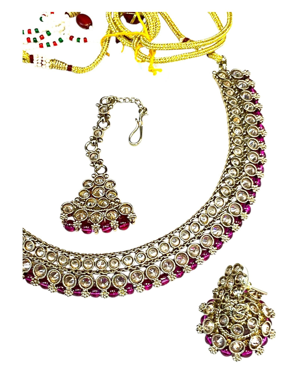 Fuchsia / Magenta Pink - Medium Size Antique Gold Finish Necklace Set with Earrings & Tika Head piece - SAJ03 08C25 - Prachy Creations