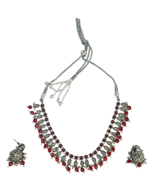 Fuchsia - Medium Size Silver Finish Necklace Set with Earrings - RAK381 Rp - Prachy Creations