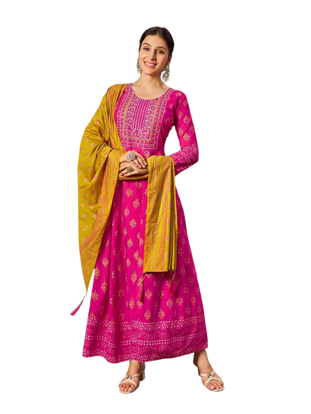 Fuchsia Pink - Cotton Block Printed Long Dress with Dupatta - Available in Sizes 14(40") & 20 (46") - BH1001 KK 0924 - Prachy Creations