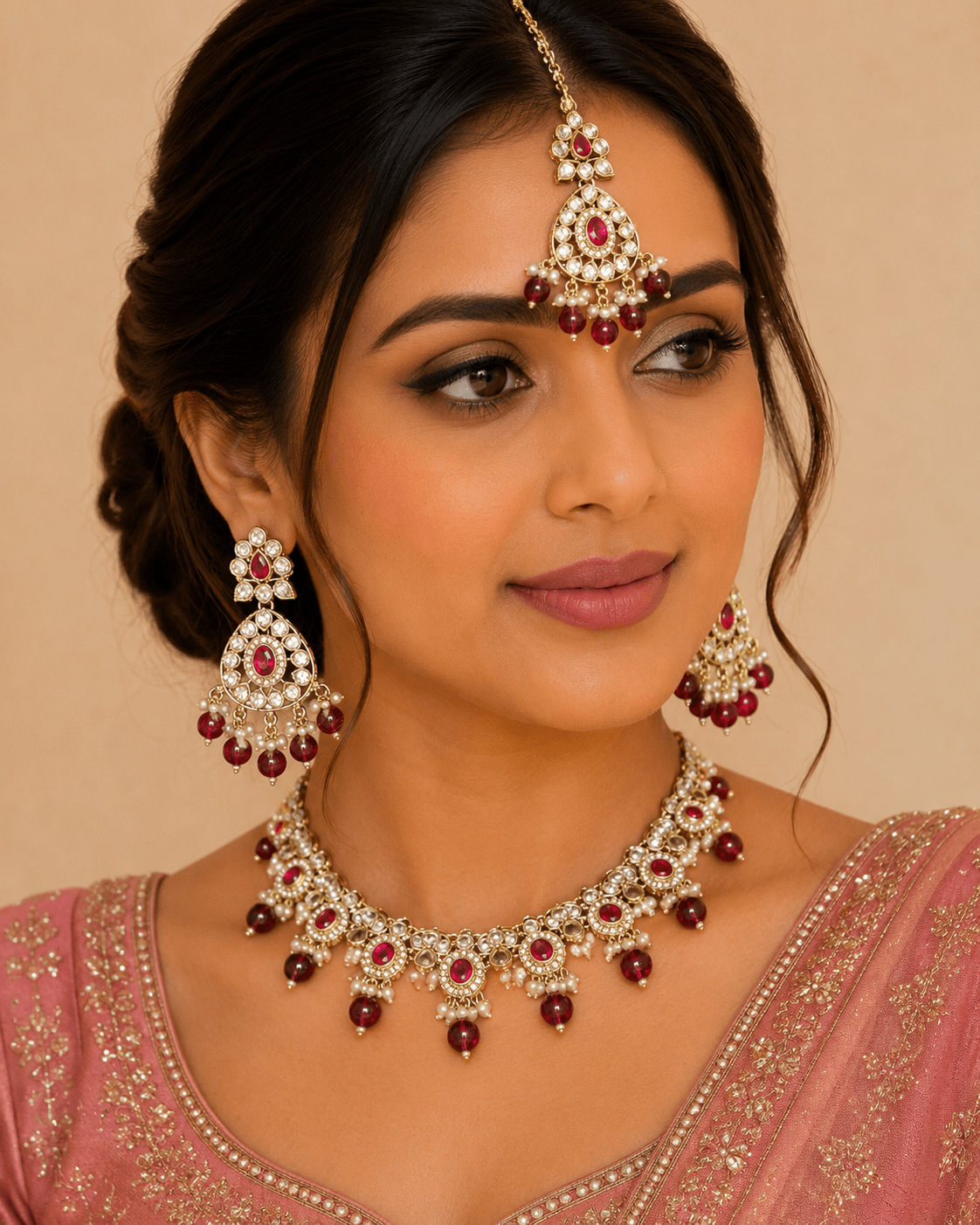 Fuchsia Pink - Large Size Antique Gold Finish Necklace Set with Earrings & Tika (Head Piece) - UK Stock - JIG86 08C25 - Prachy Creations