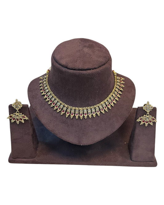Fuchsia - Small Size Antique Gold Finish Necklace Set with Earrings - AE2501 A 0525 - Prachy Creations