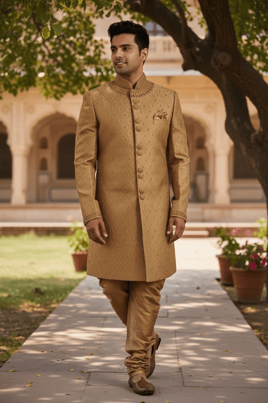 Fully Embroidered Gold Sherwani with churidar trousers - SNC861KKP 1018 - Prachy Creations