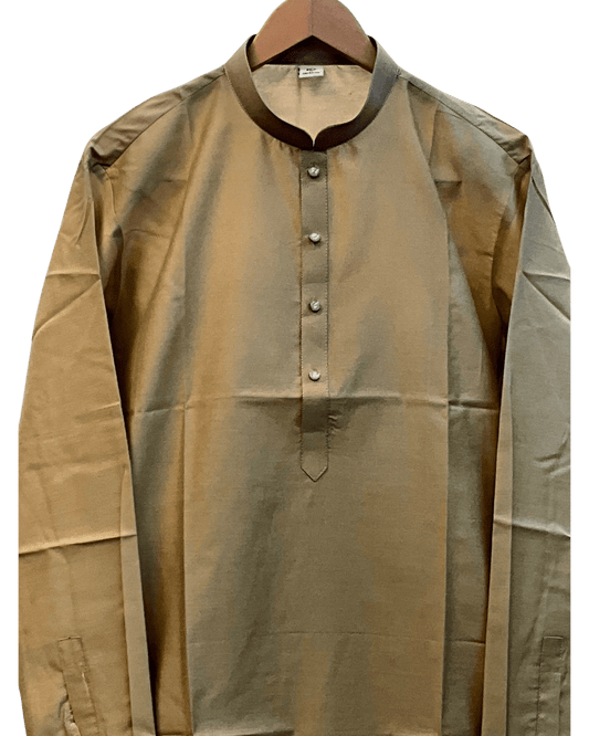 Gold / Beige - Plain Silky Mens Indian Kurta set with Trousers - UK Stock - Weddings / Walimas , Sangeet, Diwali, Eid, Mehndi / Henna - EM66 05KJ26 - Prachy Creations