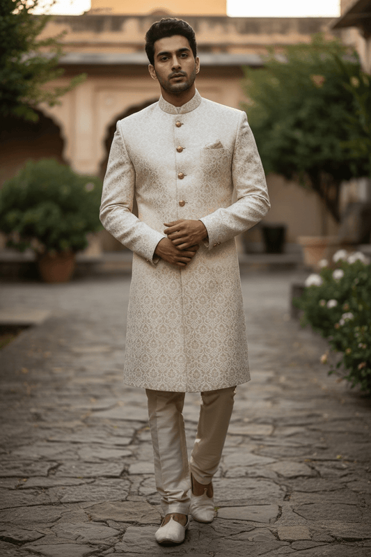 Gold - Classic Self Brocade Sherwani with Gold Buttons - BS786 JP 0823 - Prachy Creations