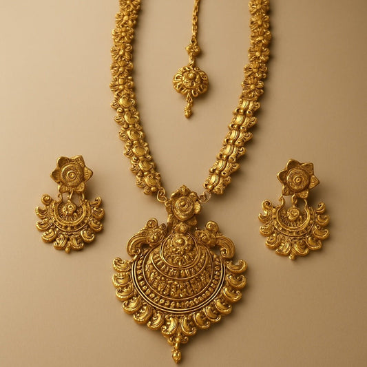 Gold Finish Temple - Large Size Antique Gold Finish Long Necklace Set with Earrings - AE2511 KR 0525 - Prachy Creations
