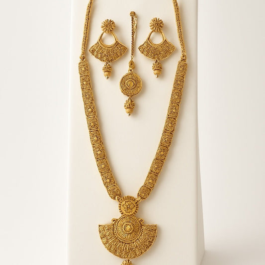 Gold Finish Temple - Medium Size Antique Gold Finish Long Necklace Set with Earrings - AE2510 KY 0525 - Prachy Creations