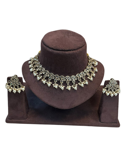 Gold - Large Size Antique Gold Finish Necklace Set with Earrings. - KAJ1031 KYp - Prachy Creations