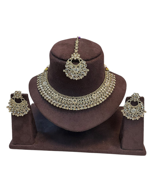 Gold - Large Size Antique Gold Finish Necklace Set with Earrings & Tika Head Piece - SJ01 KVp - Prachy Creations