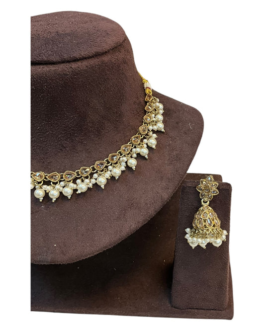 Gold - Medium Size Antique Gold Finish Necklace Set with Earrings - RAK375 Pp - Prachy Creations