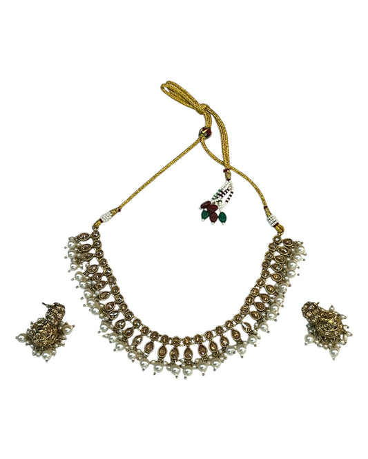 Gold - Medium Size Antique Gold Finish Necklace Set with Earrings - RAK381 Rp - Prachy Creations