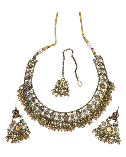 Gold / Neutral - Antique Gold Finish Necklace & Earrings Set - Bollywood - Weddings - DAJ547 11KV24 - Prachy Creations