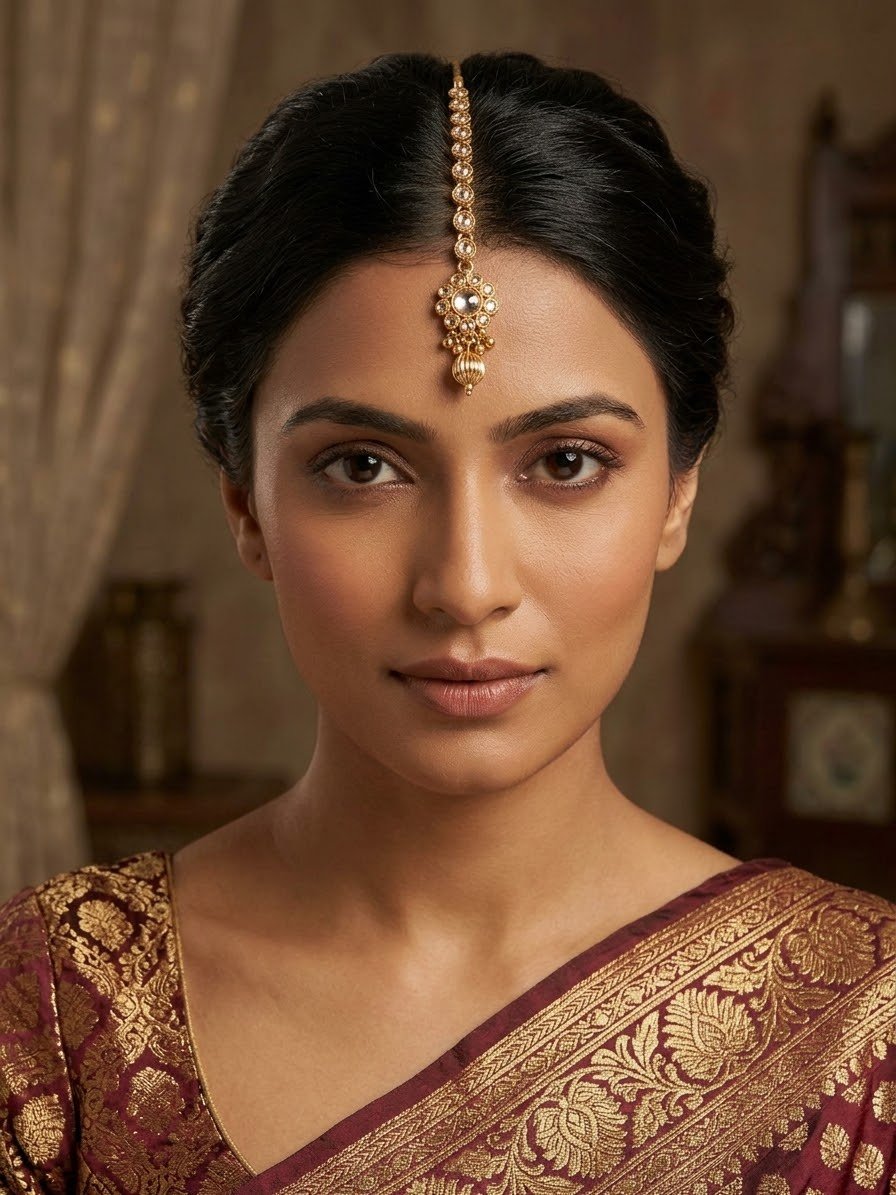 Gold / Neutral - Gold Finish Small Size Tika Head Piece - Indian Ladies Fashion Jewellery - AE2436 11Vp24 - Prachy Creations