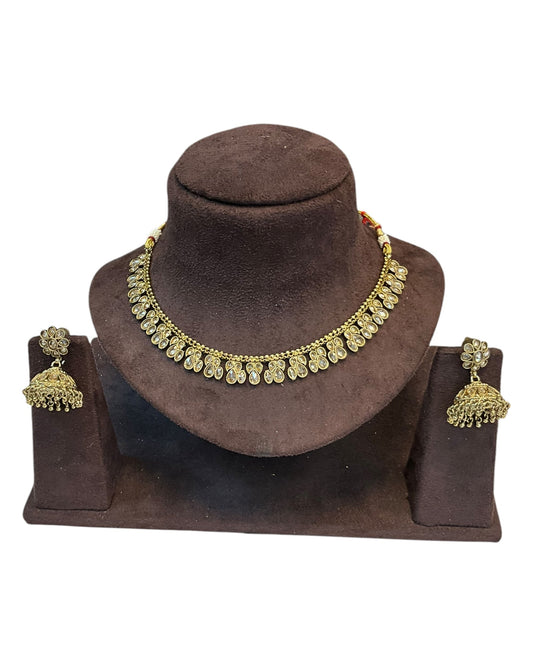 Gold / Neutral - Medium Size Antique Gold Finish Necklace Set - AE2508 H 0525 - Prachy Creations