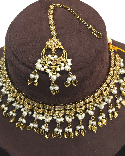 Gold / Neutral - Medium Size Antique Gold Finish Necklace Set with Earrings - HB1000 KY 0424 - Prachy Creations
